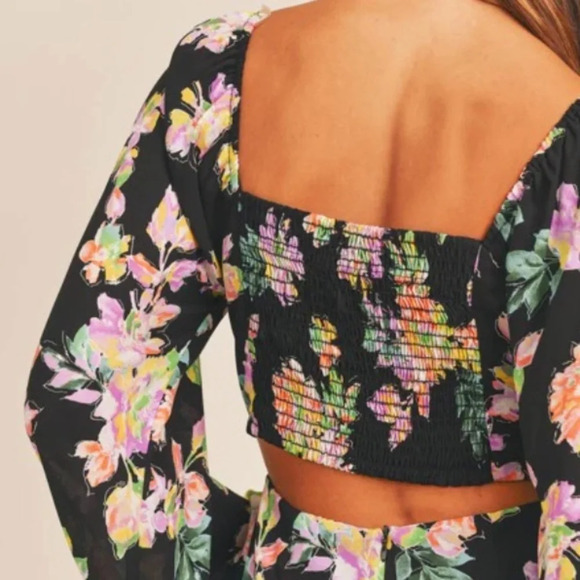 Lush NEW Square Neck Mini Dress Back Smocking Cutout Detail Dark Floral Print - Picture 6 of 16